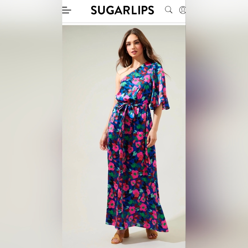 Sugarlips Blue and Pink One-Shoulder Maxi Dress Large